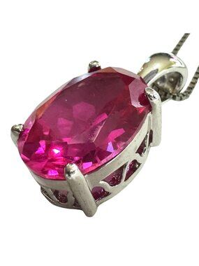 Sterling Silver Necklace With Oval Pink Sapphire Pendant Signed RSP Italy 925